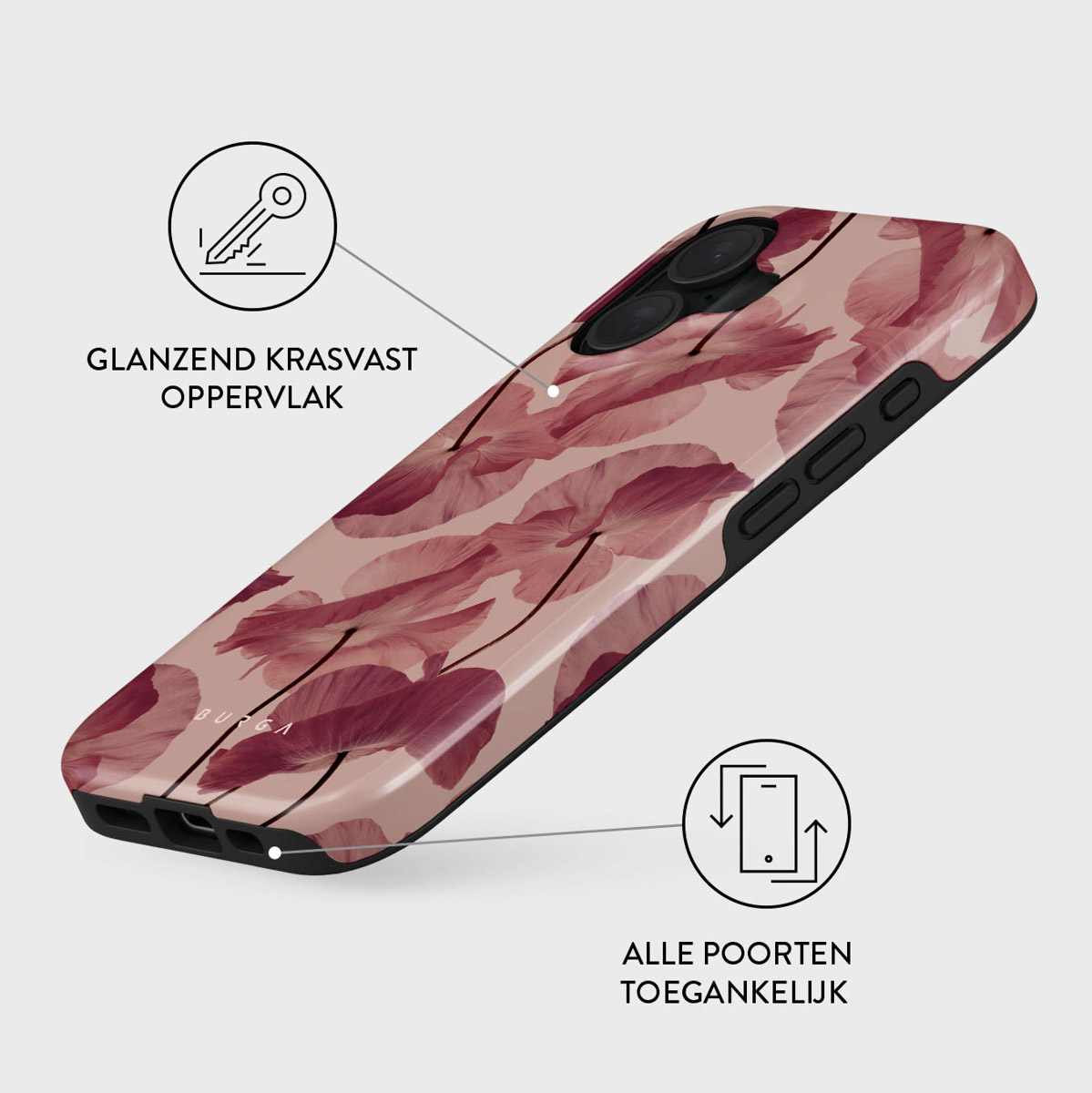 Een telefoonhoesje met een bloemenpatroon. De hoes is roze met bordeauxrode bloempatronen. De achtergrond is lichtgrijs.