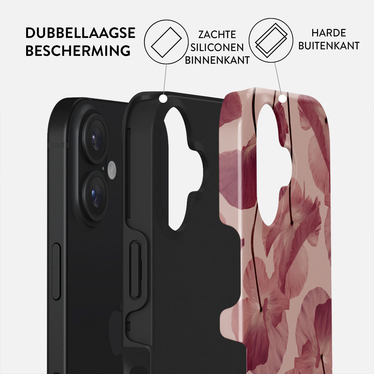 Een telefoonhoesje met een bloemenpatroon wordt in lagen getoond. De hoes is zwart en heeft een harde buitenlaag en een zachte siliconen binnenlaag.