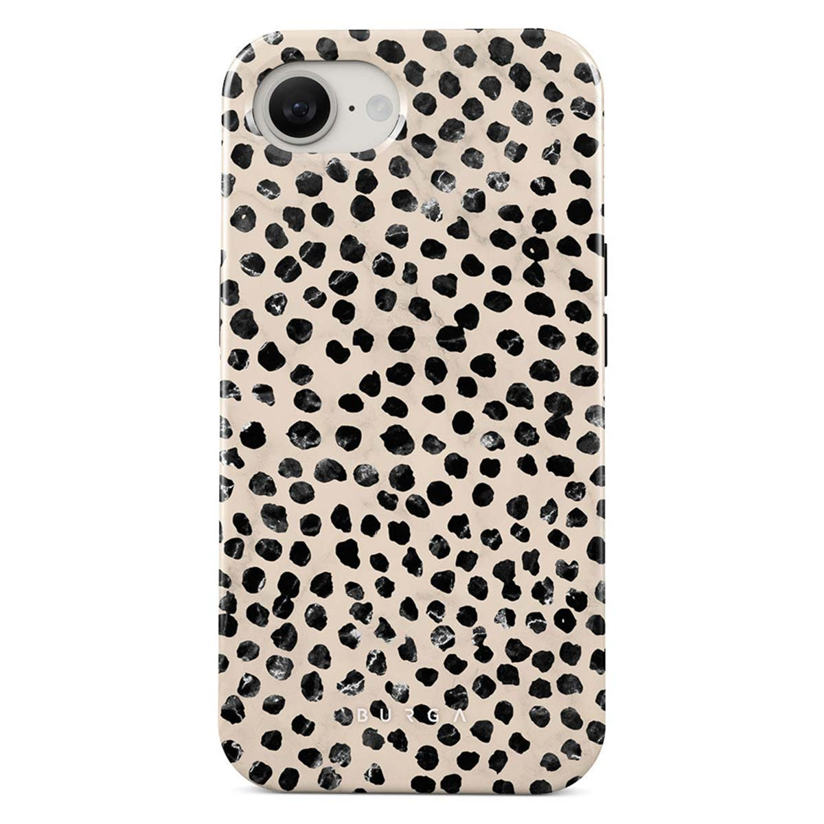 Een telefoonhoesje met een beige achtergrond, bedekt met zwarte, onregelmatige vlekken. Het heeft een camera en knoppen. De merknaam is zichtbaar.