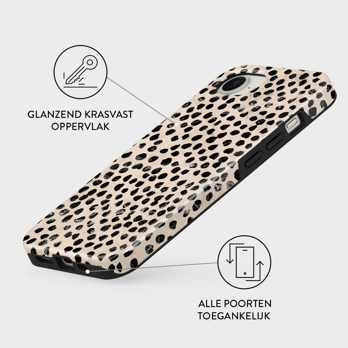 Een telefoonhoesje met een beige achtergrond en zwart stippenpatroon. Sleutel- en telefooniconen worden getoond. Tekst: glanzend krasvast oppervlak, alle poorten toegankelijk.