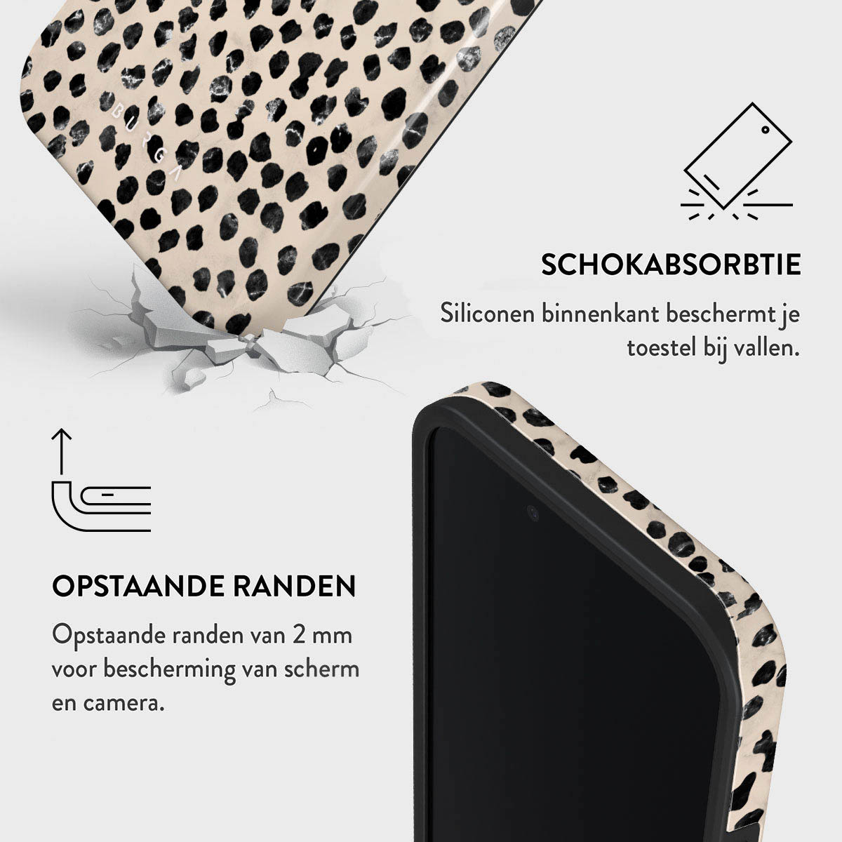 Telefoonhoesje met luipaardprint. Tekst geeft schokabsorptie aan, verhoogde randen voor bescherming van scherm en camera.