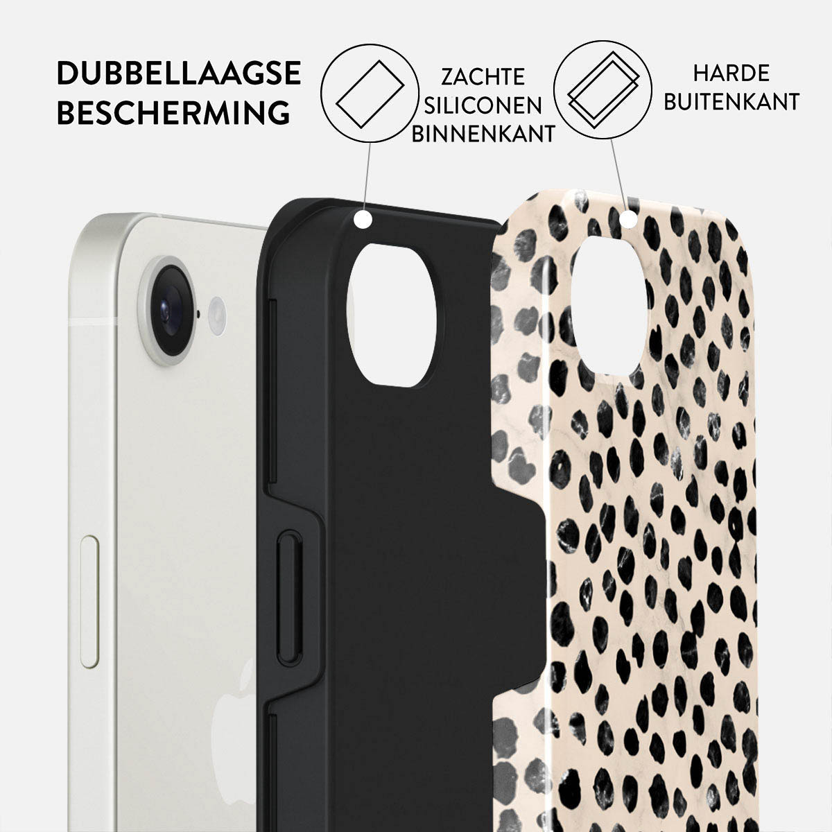 Telefoonhoesje met dubbellaagse bescherming: zachte siliconen binnenkant en harde buitenschaal. Hoesje heeft luipaardprint.