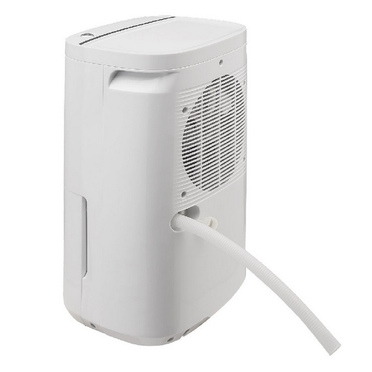Un deumidificatore bianco con una presa d'aria e un tubo che si estende da esso. L'unità è su uno sfondo bianco.