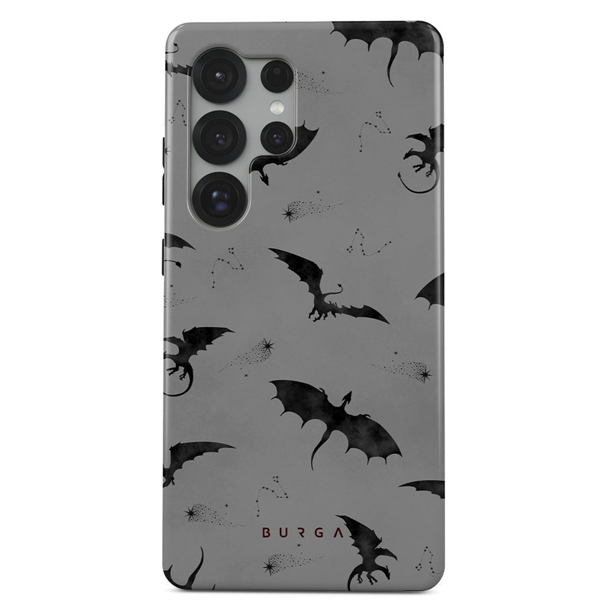 Een telefoonhoesje met een grijze achtergrond, zwarte draken, sterrenbeelden en sterrenpaden. De merknaam 'BURGA' staat onderaan.