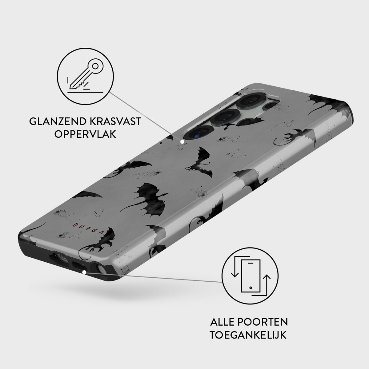 Een telefoonhoesje met een drakenpatroon. Het heeft een sleutelicoon en de tekst 'GLANZEND KRASVAST OPPERVLAK'. Onder staat 'ALLE POORTEN TOEGANKELIJK'.