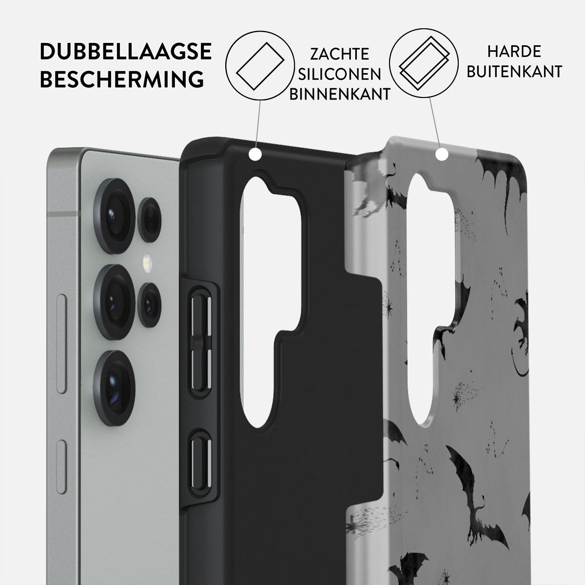 Een telefoon met een beschermhoesje. De hoes heeft een zwarte binnenlaag en een buitenlaag met een patroon van vleermuissilhouetten.