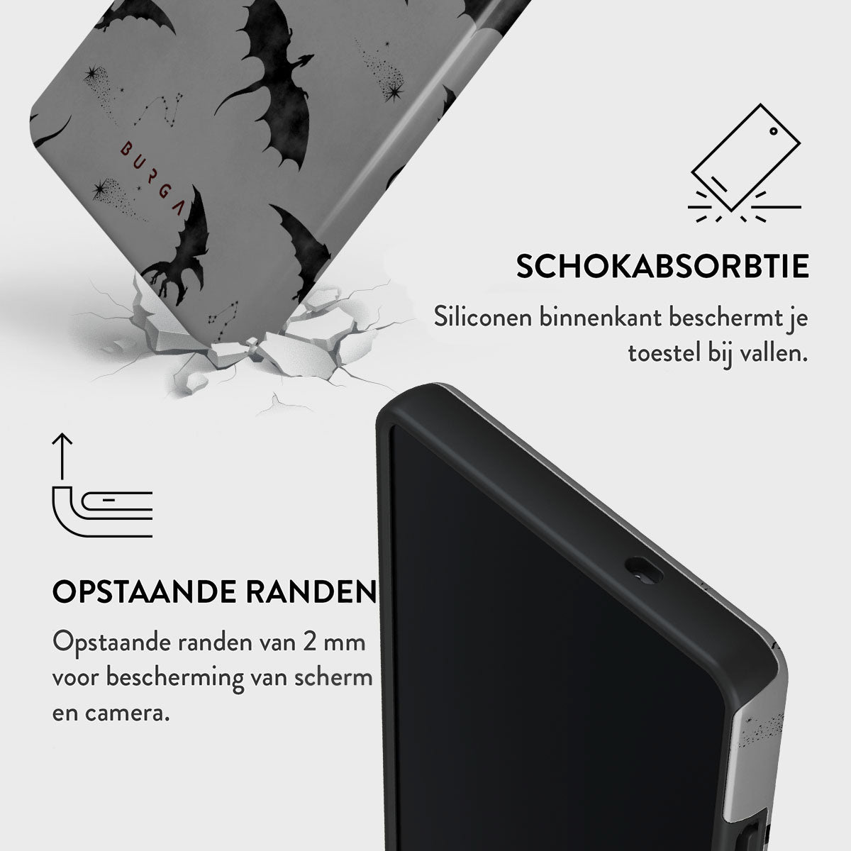 Telefoonhoesje met drakenpatroon. Tekst: schokabsorptie, verhoogde randen voor scherm- en camerabescherming.