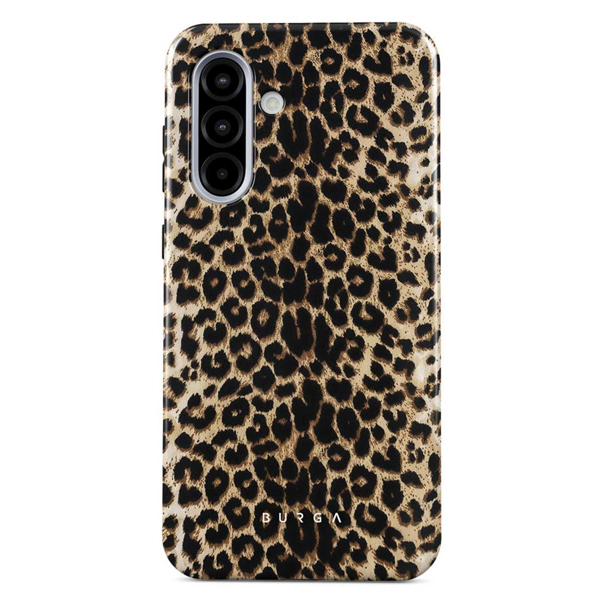 Une coque de téléphone avec un motif léopard. Elle a un appareil photo en haut et la marque 'BURGA' en bas.