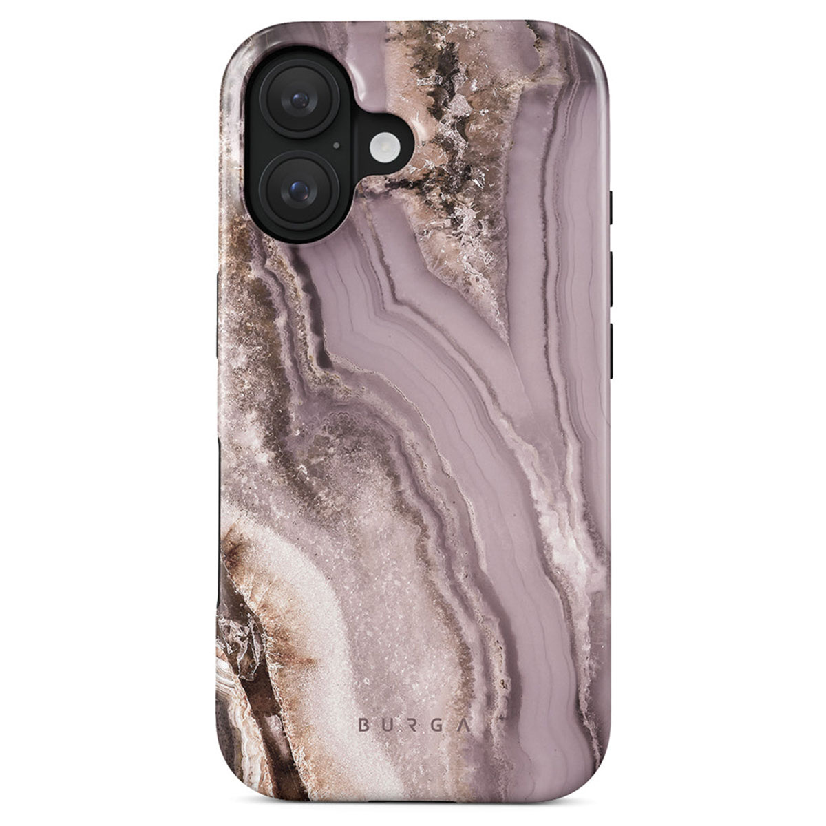 Een telefoonhoesje met een marmeren ontwerp, met tinten paars, bruin en wit. De hoes heeft een uitsparing voor de camera en het woord BURGA.