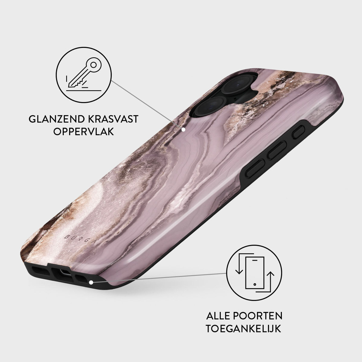 Een telefoonhoesje met een marmerontwerp in roze en bruine tinten. Het heeft tekst en pictogrammen, waaronder sleutel- en telefoonsymbolen.