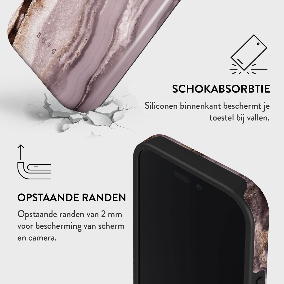 Een telefoonhoesje met marmerontwerp, deel van een telefoon, een gebarsten oppervlak en tekst die schokabsorptie en schermbescherming aangeeft.