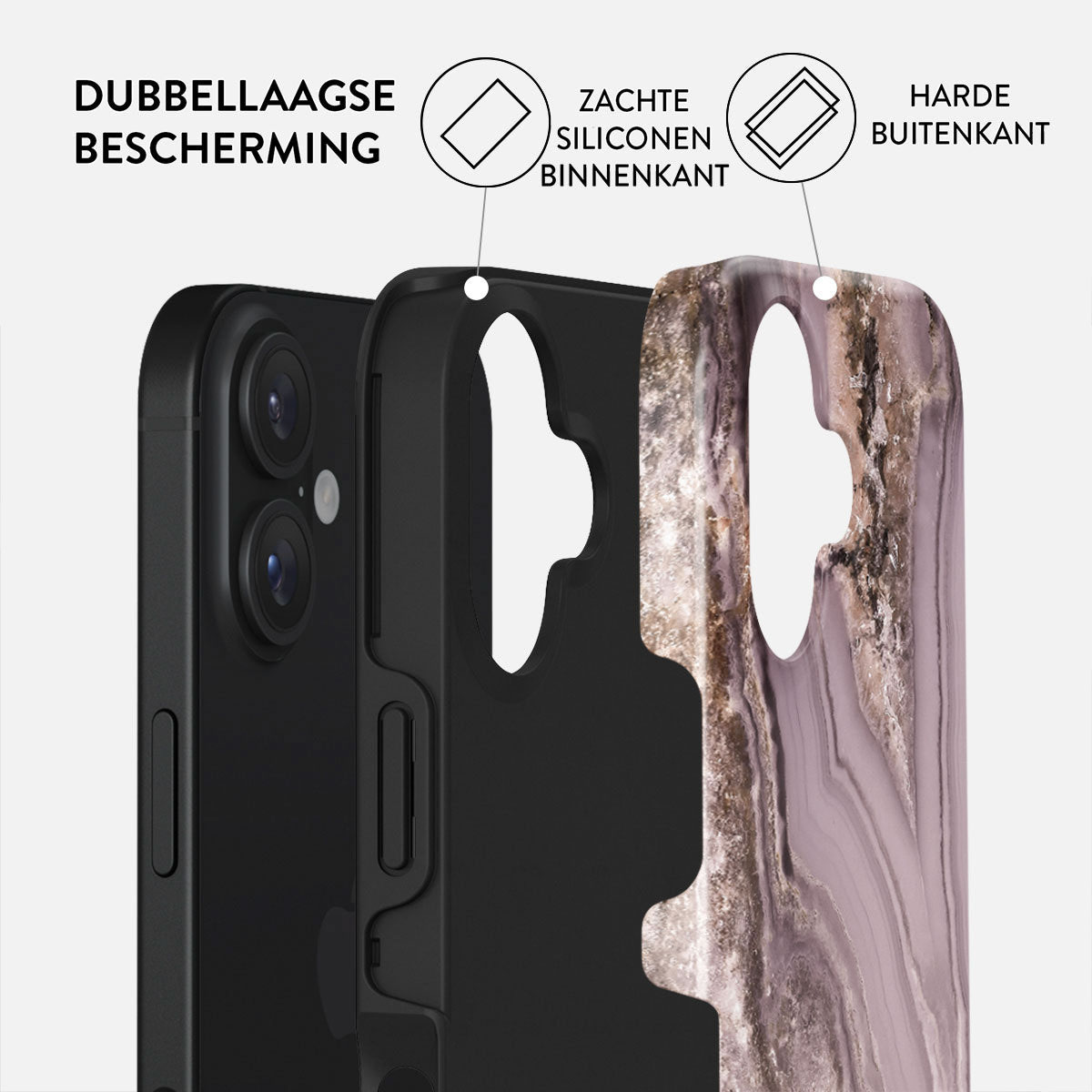 Afbeelding toont een gedemonteerde telefoonhoes met een telefoon erin. Teksten vermelden dubbellaagse bescherming, zachte siliconen binnenkant en harde buitenlaag.
