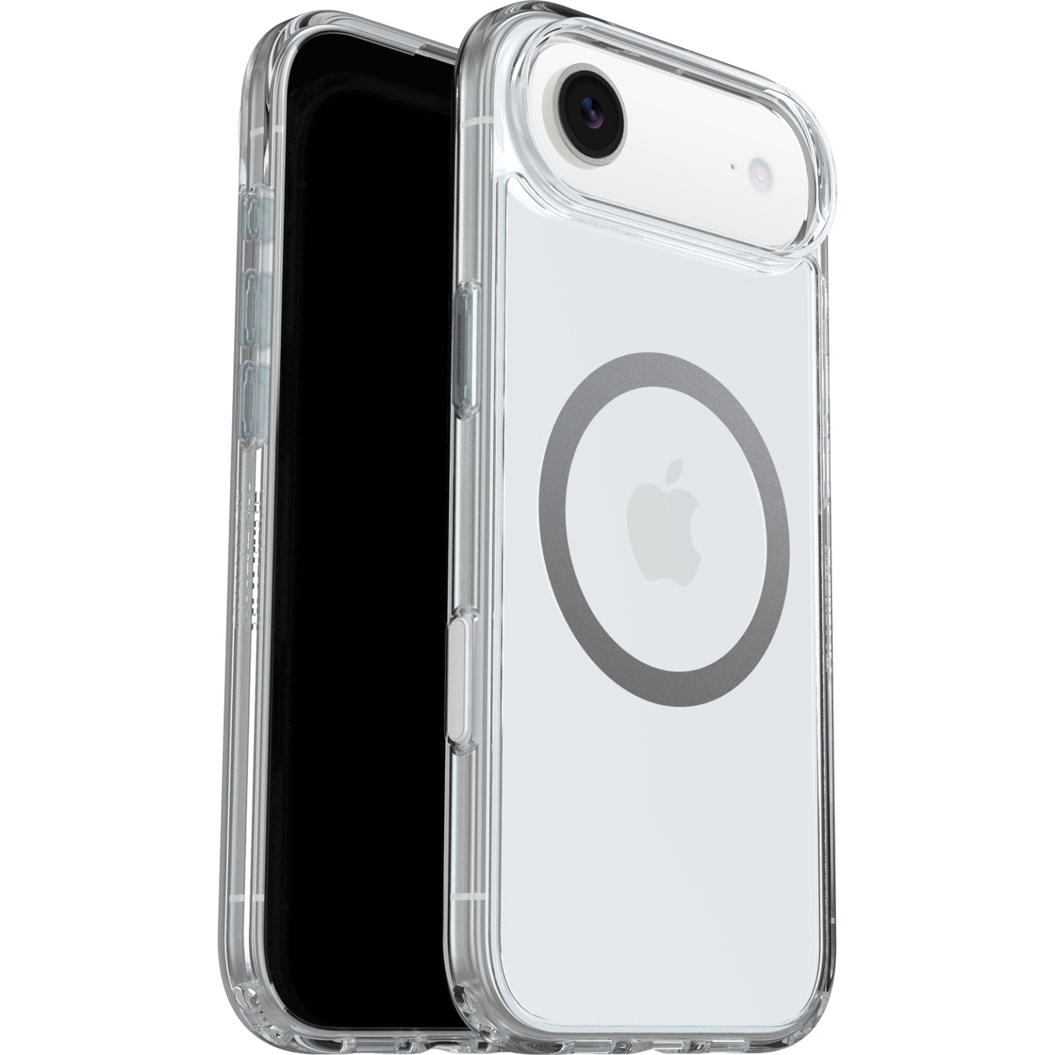 Une coque de téléphone transparente avec un téléphone noir à l'intérieur. La coque a une découpe pour la caméra et un logo Apple au dos.