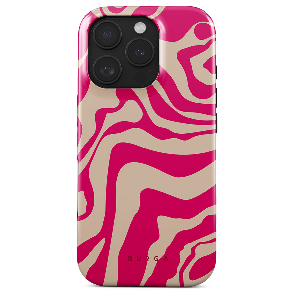 Une coque de téléphone avec un motif tourbillonnant rose et beige. Elle a un module caméra avec trois lentilles. Le nom de la marque est visible en bas.