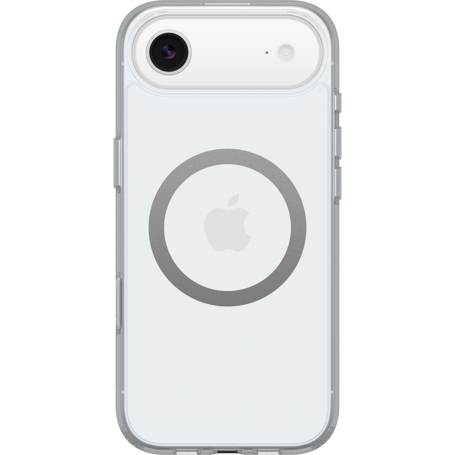 Coque de téléphone transparente, vue arrière. Anneau gris avec logo Apple. Caméra et flash en haut. Boutons à droite.
