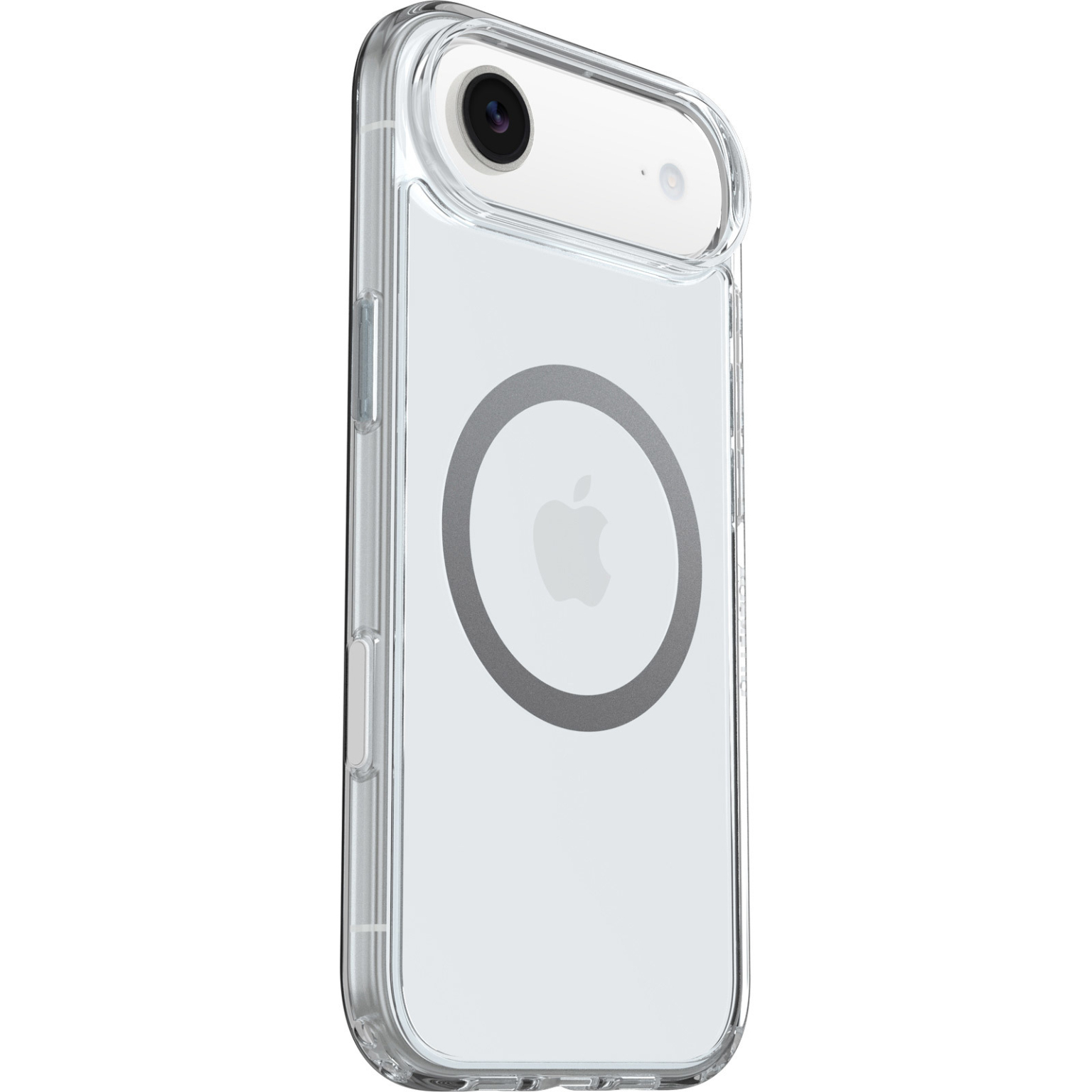 Coque transparente pour iPhone avec découpe caméra. La coque a un cercle MagSafe gris et le logo Apple. Le fond est blanc.
