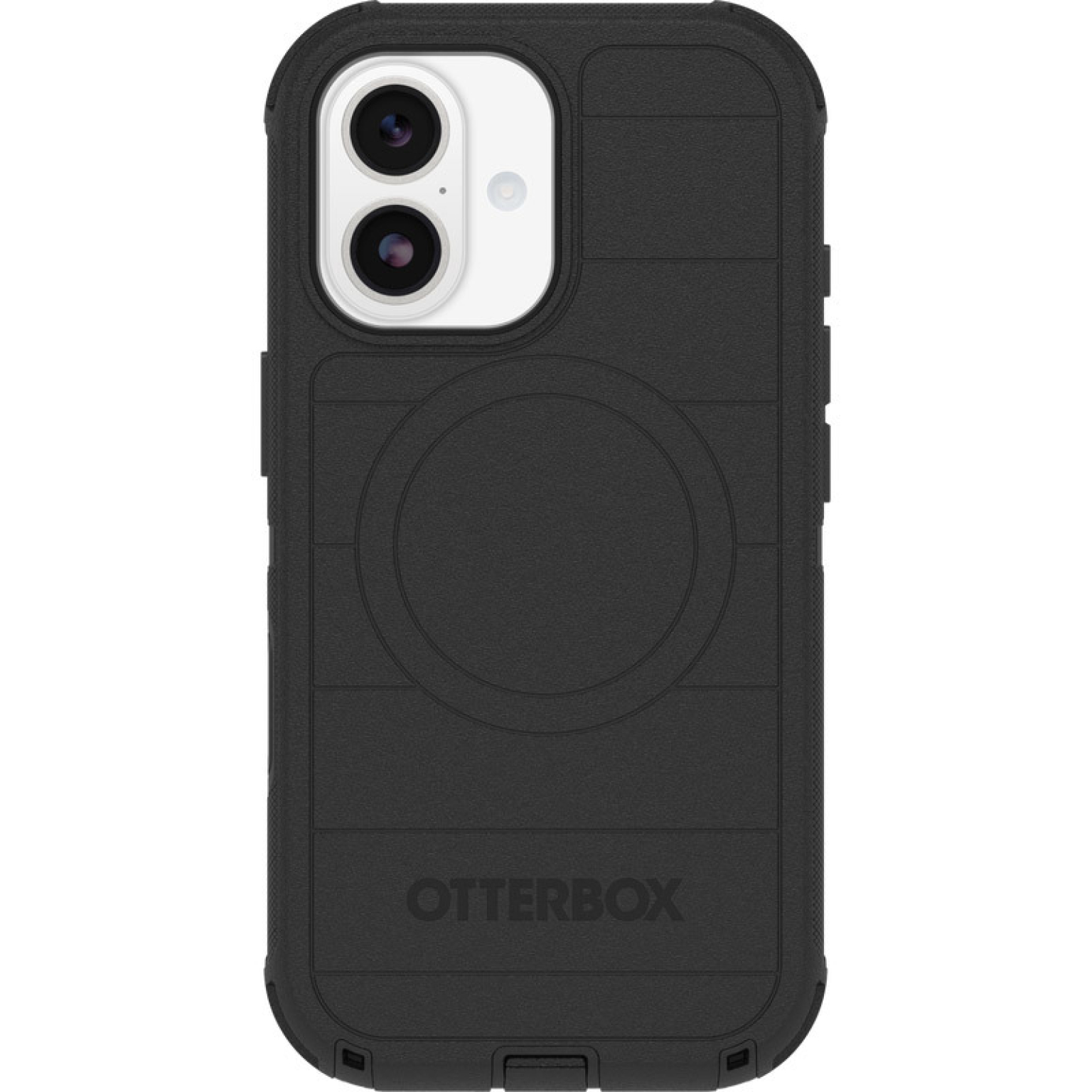 Een zwarte telefoonhoes met twee cameralenzen bovenaan. Het Otterbox-logo is onderaan zichtbaar.