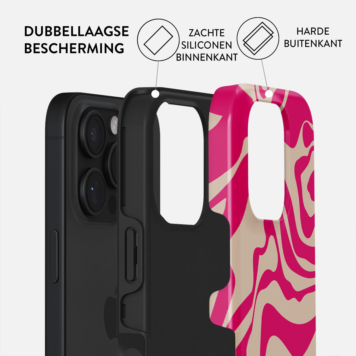 Coque de téléphone avec protection double couche : silicone souple à l'intérieur, coque extérieure dure. Motif tourbillon rose et beige.