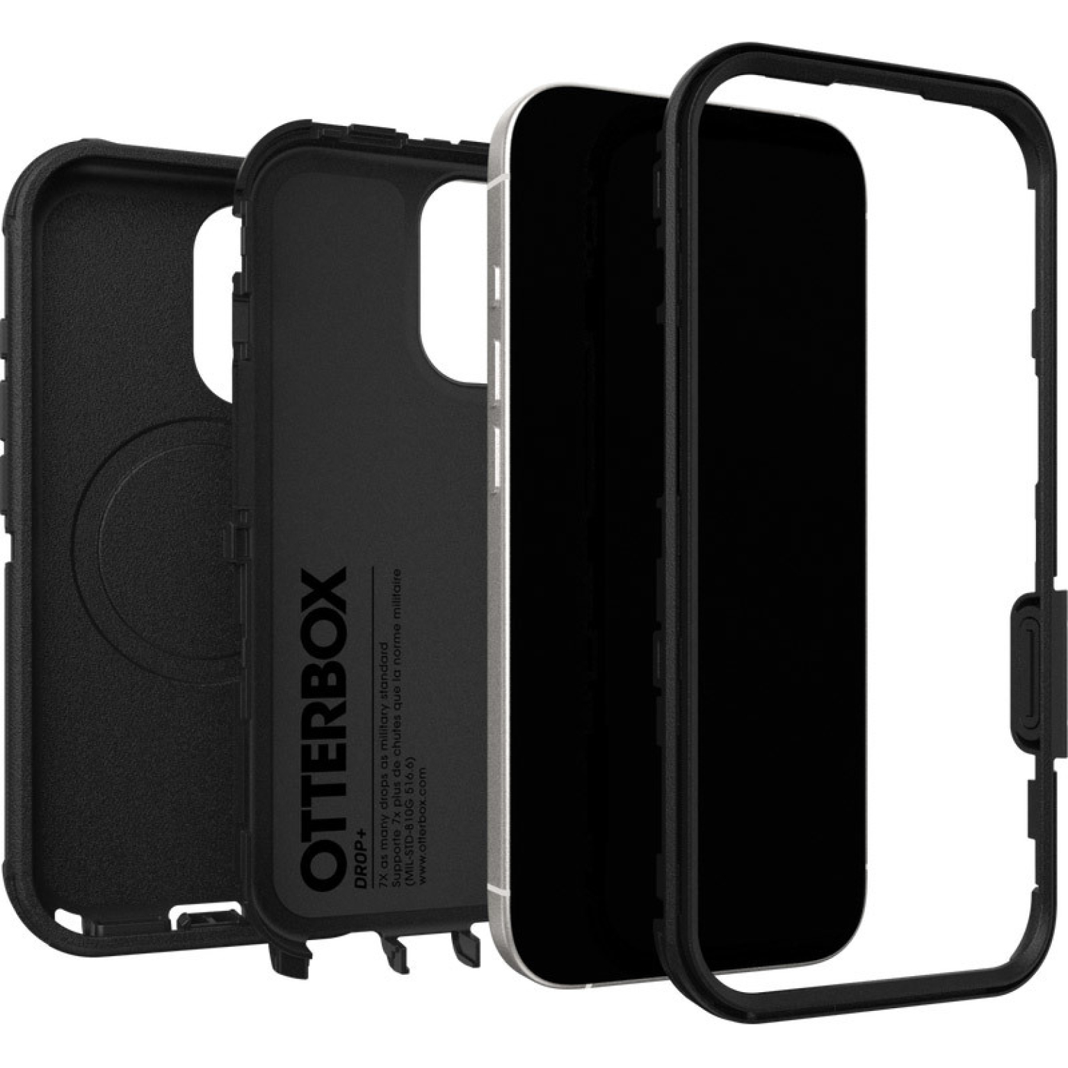 Zwarte OtterBox telefoonhoes onderdelen. Inclusief het telefoonframe en beschermlagen. De hoes is gedemonteerd.