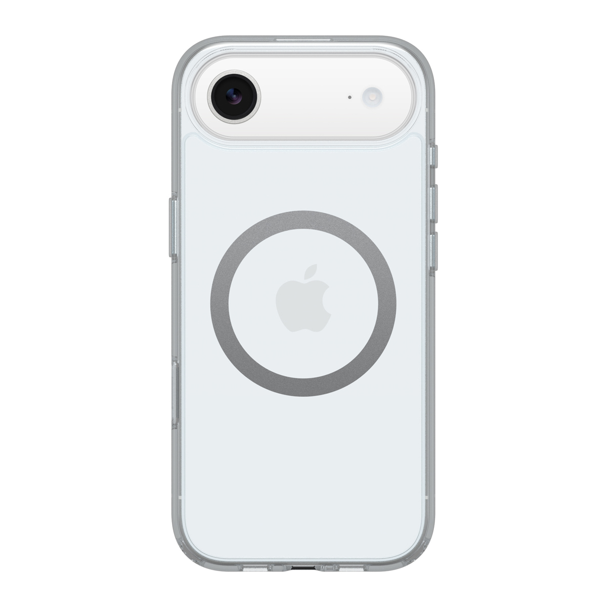Une coque transparente pour iPhone avec le logo Apple. La coque a un dos transparent et un anneau gris. Le téléphone a deux caméras.