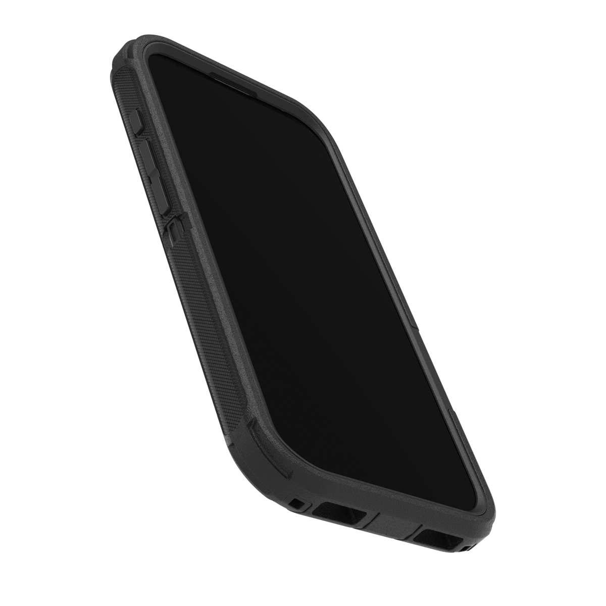 Een zwarte smartphone in een beschermhoes, iets schuin. De hoes heeft een textuurontwerp. Het scherm is zwart en de achtergrond is wit.