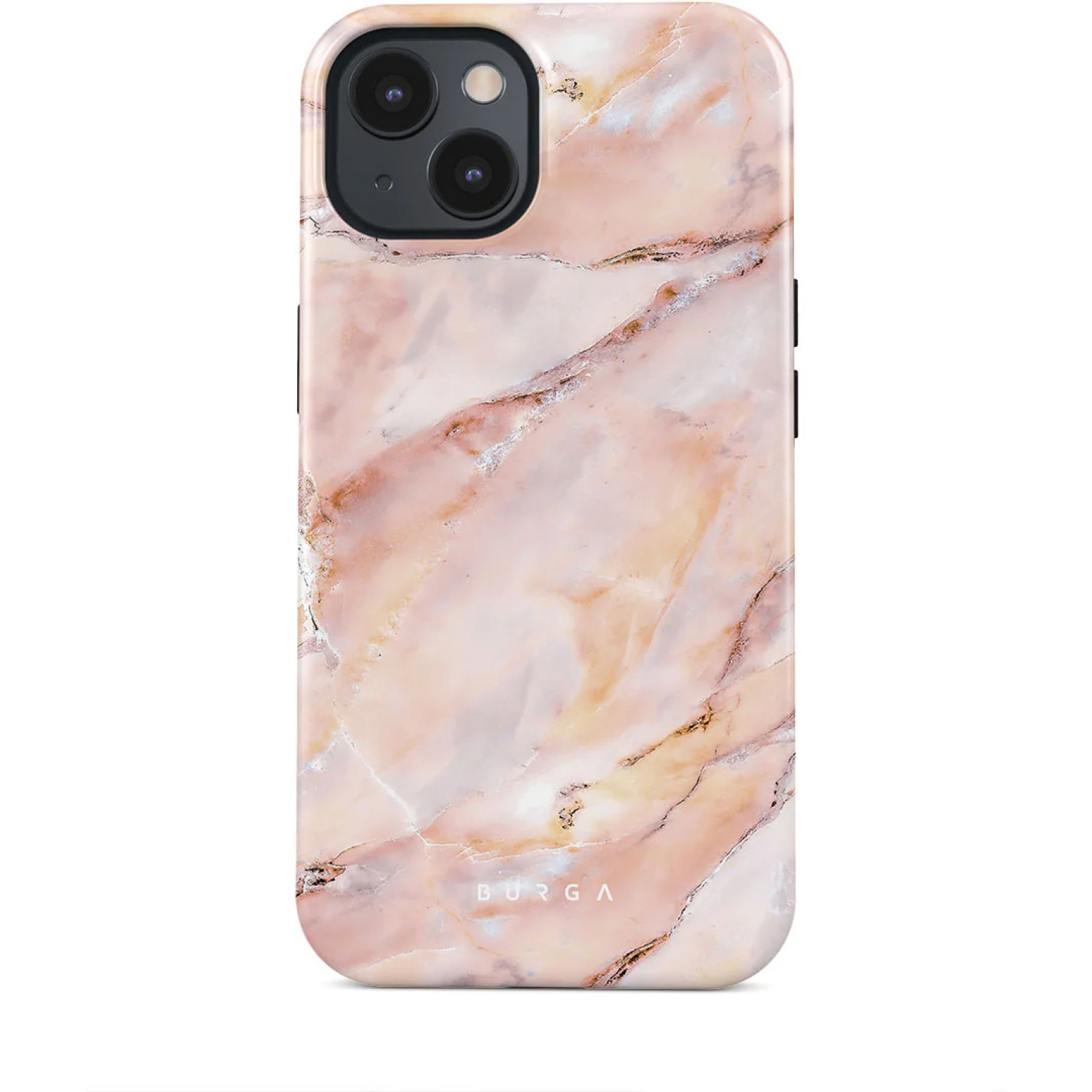 Een telefoonhoesje met een roze marmerontwerp. De hoes heeft een camera en zwarte knoppen. De merknaam is zichtbaar.