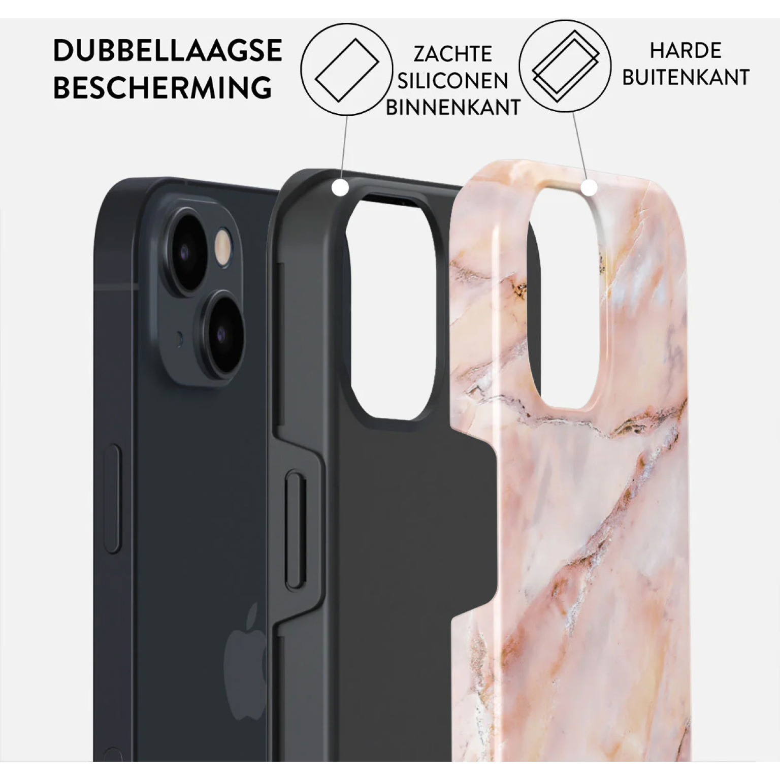 Een telefoonhoesje met een zwarte binnenkant en een marmerpatroon aan de buitenkant. De hoes is ontworpen voor dubbele bescherming.