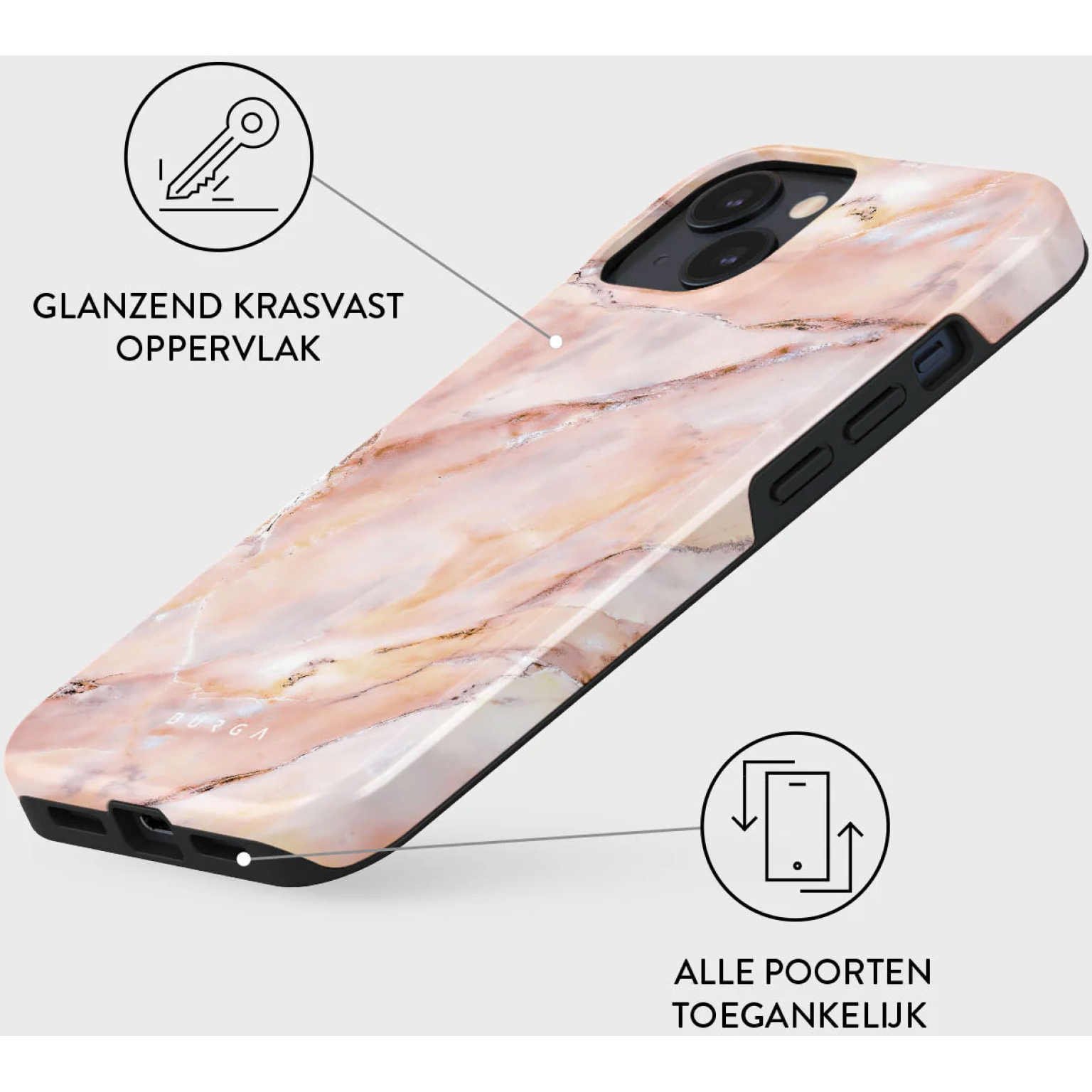 iPhone case met marmer ontwerp. Het heeft een glanzend, krasbestendig oppervlak. Tekst zegt: 'Alle poorten toegankelijk'.