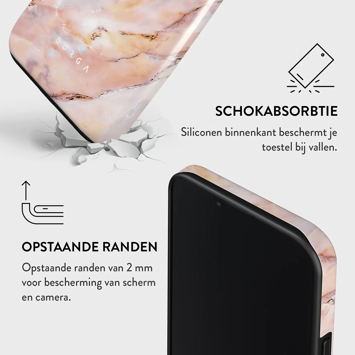 Een telefoonhoesje met marmerdesign wordt getoond. Het wordt getoond met een telefoon, tekst en afbeeldingen die functies zoals schokabsorptie en verhoogde randen benadrukken.