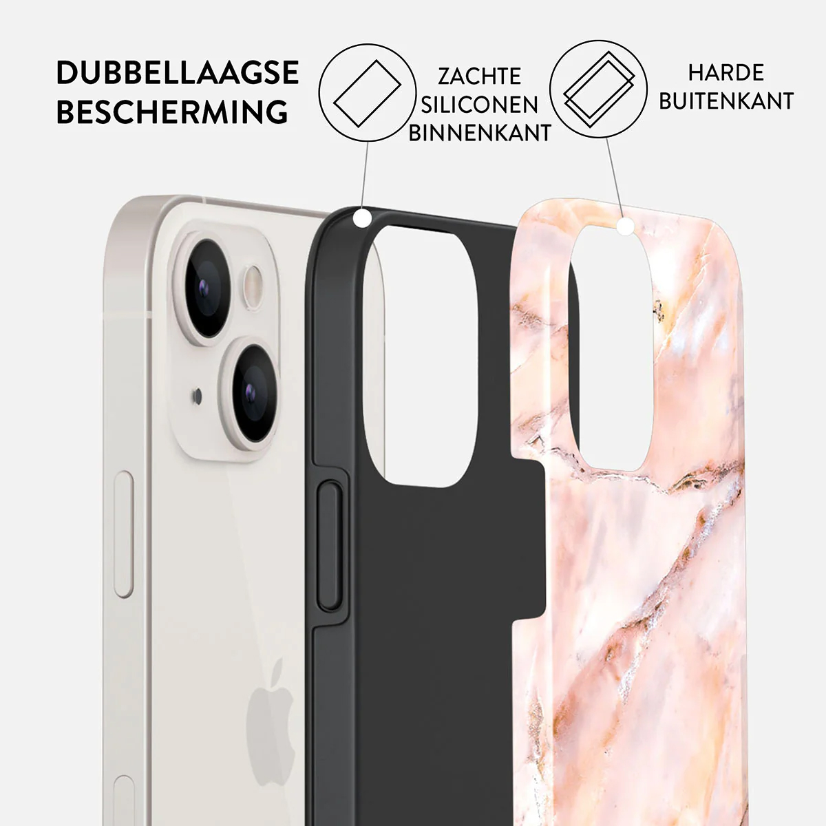 Een iPhone in een beschermhoes, met dubbellaagse bescherming. De hoes heeft een zachte siliconen binnenkant en een harde buitenlaag.