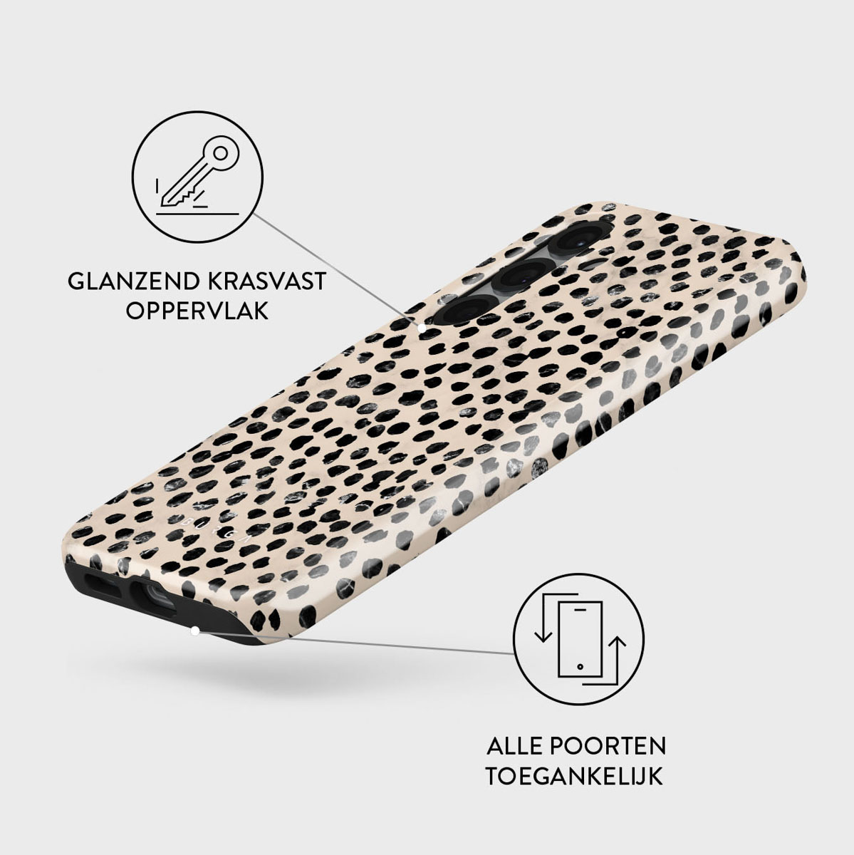 Une coque de téléphone avec un motif léopard. Elle a des taches noires sur fond beige. Texte: Glanzend krasvast oppervlak, Alle poorten toegankelijk.