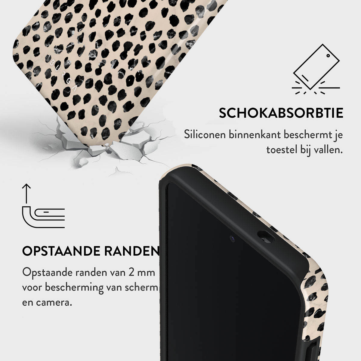 Coque de téléphone avec un motif tacheté. Elle a des bords surélevés et un intérieur en silicone absorbant les chocs.