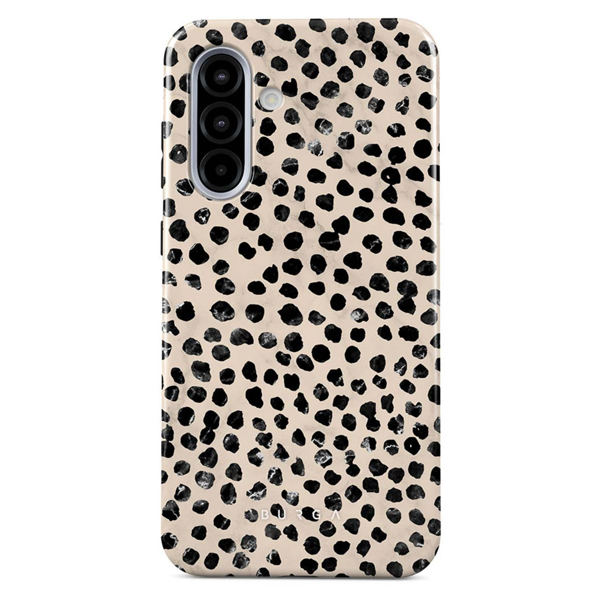 Een telefoonhoesje met een beige achtergrond en zwarte, onregelmatige vlekken. De cameralenzen van de telefoon zijn zichtbaar bovenaan.