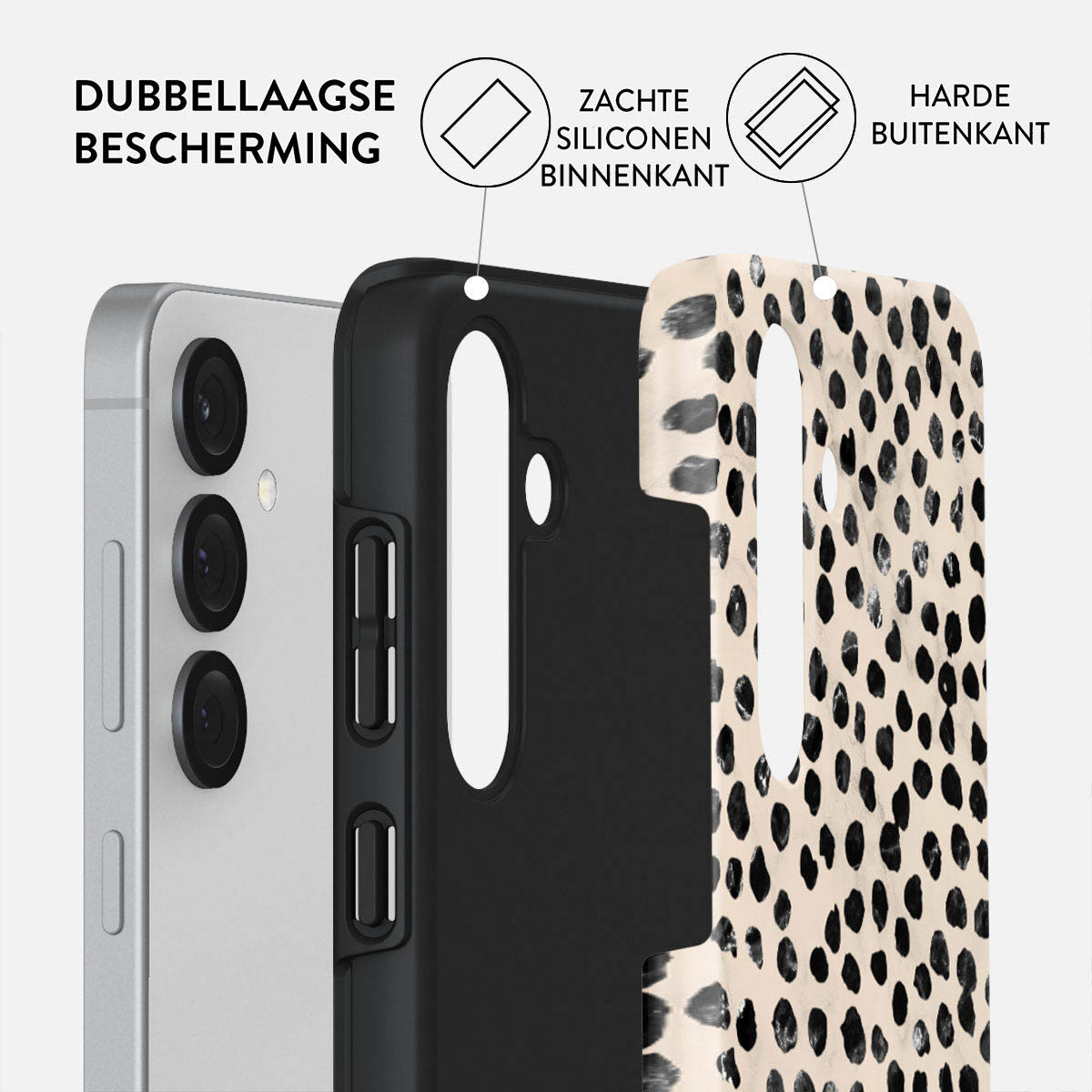 Couches d'étui de téléphone : téléphone argenté, couche intérieure noire, couche extérieure à imprimé léopard. Texte : protection double couche, silicone souple à l'intérieur, dur à l'extérieur.