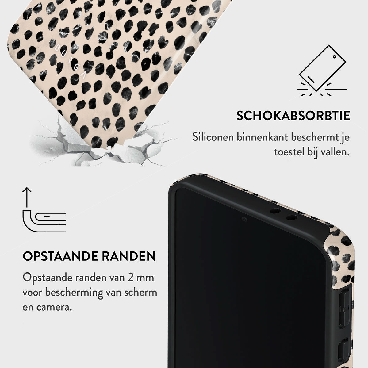 Een telefoonhoesje met zwarte stippen op een beige achtergrond, gebarsten grondeffect en functies voor scherm- en valbescherming.