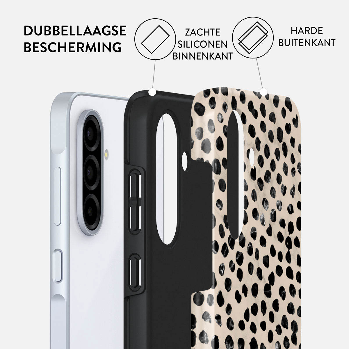 Telefoonhoes lagen: telefoon, zwarte binnenkant, patroon buitenkant. Teksten: dubbellaagse bescherming, zachte siliconen binnenkant, harde buitenkant.