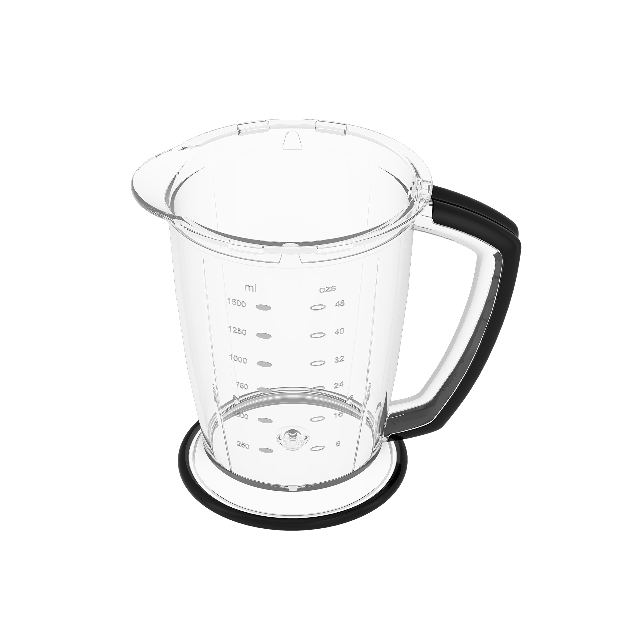Siyah saplı şeffaf bir blender sürahisi. Ölçüm işaretleri var ve siyah ve gri bir yüzey üzerinde duruyor.