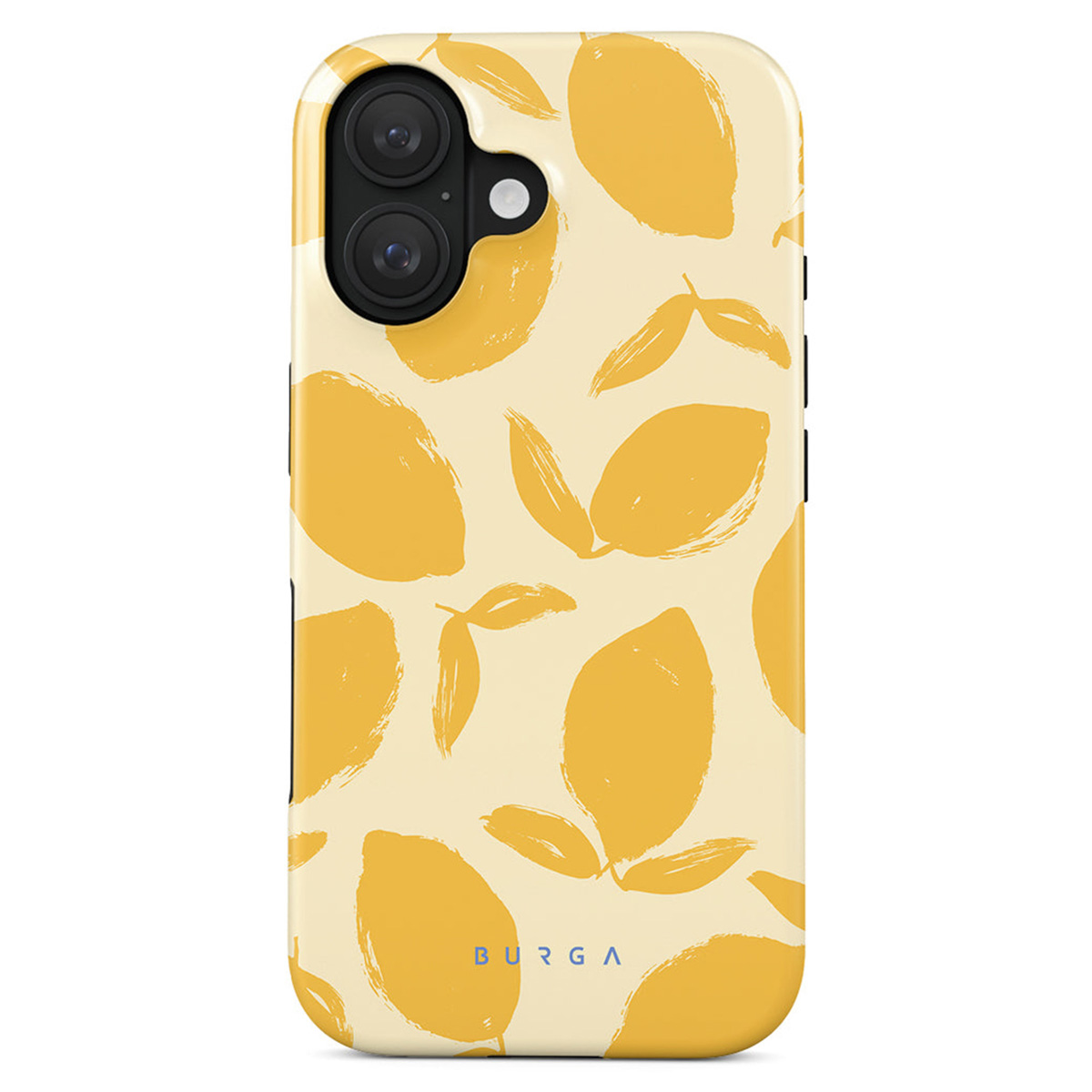 Telefoonhoesje met gele citroenpatroon op een crèmekleurige achtergrond. Zwarte cameralenzen bovenaan en merknaam BURGA onderaan.