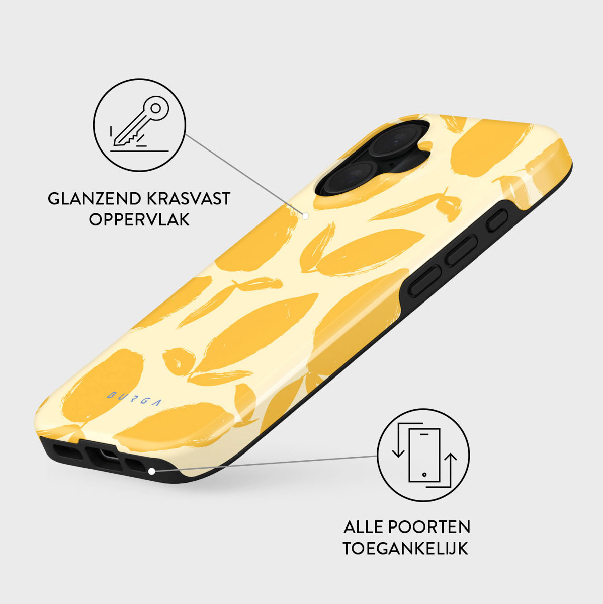 Een telefoonhoesje met een geel bladerpatroon. Het heeft een zwarte rand. De hoes heeft tekst en illustraties, waaronder de merknaam BURGA.