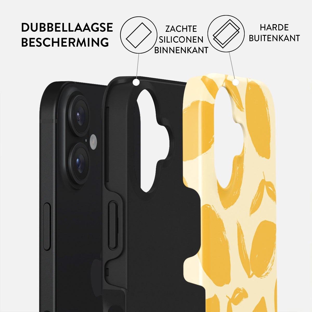 Een zwarte telefoon met een beschermhoesje. De hoes is gelaagd: een zachte siliconen binnenlaag en een harde buitenlaag met een geel patroon.