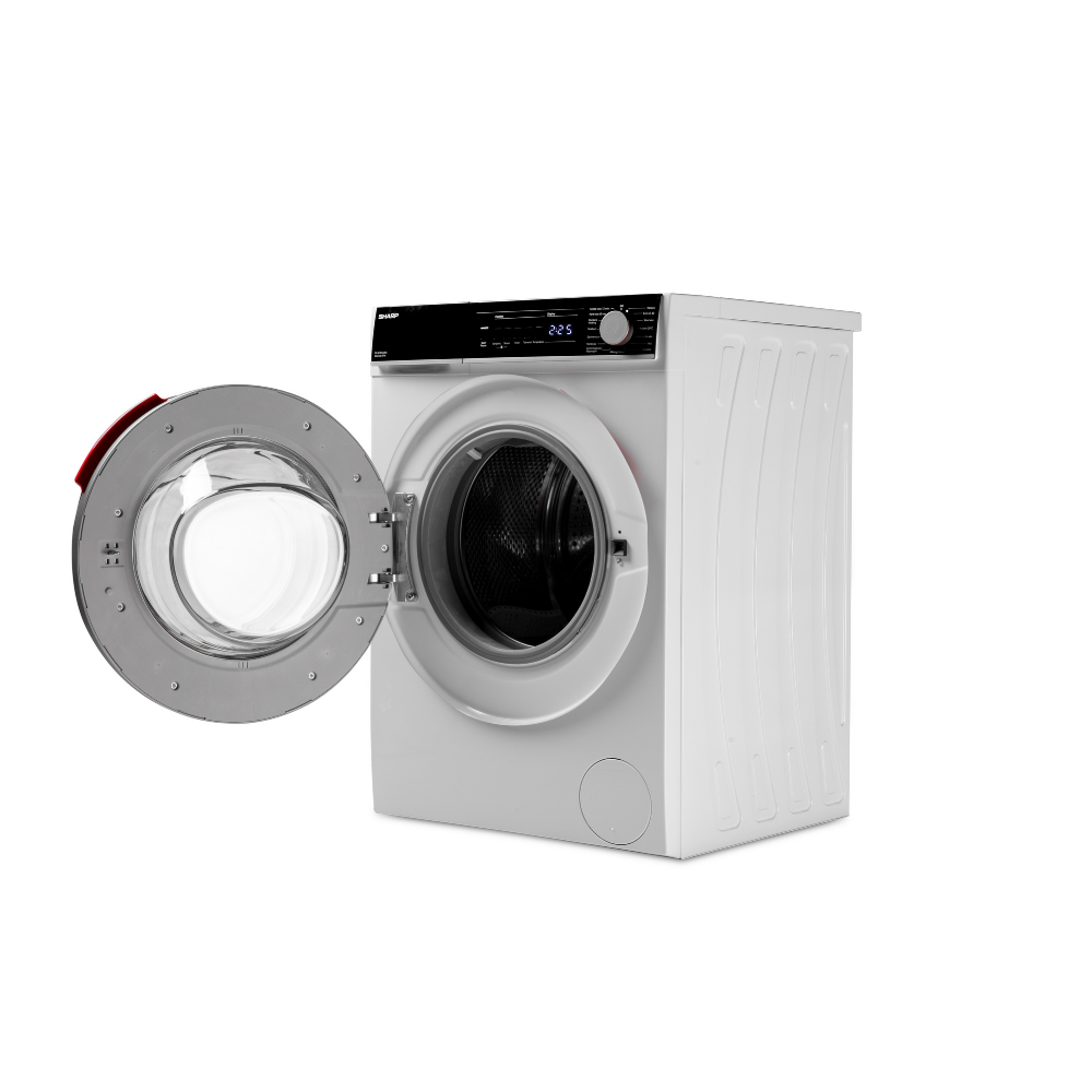 A white washing machine with an open door. The door has a glass window, and the control panel shows 2:25. The background is white.