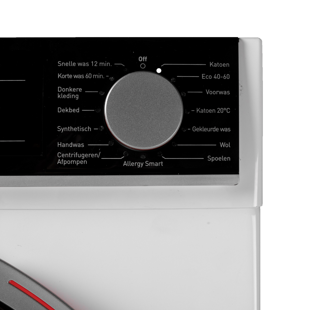 Washing machine control panel with a central knob. Options include 'Katoen', 'Eco 40-60', 'Wol', and 'Spoelen', among others.