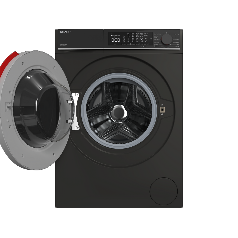 A black Sharp washing machine with an open door. The door has a red rim and transparent glass, revealing the drum.