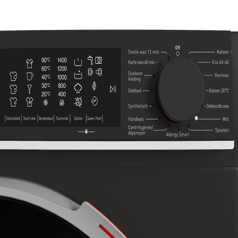 Close-up of a washing machine control panel with various settings and a dial. Black and gray color scheme. Text in Dutch.