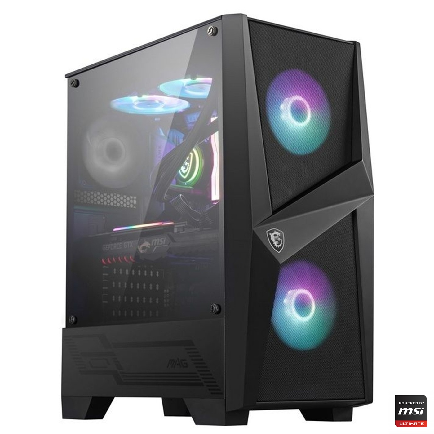 Case per computer nero con lato in vetro. All'interno, componenti con luci colorate visibili. La parte anteriore ha due ventole circolari illuminate.
