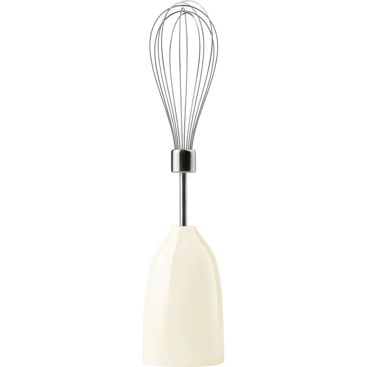 Mikser ręczny, z kremową podstawą i metalową głowicą ubijaczką, na białym tle.