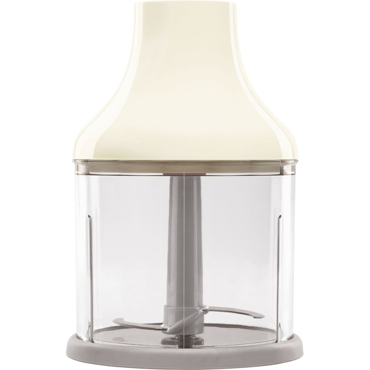 Kremowy robot kuchenny z przezroczystym pojemnikiem i szarą podstawą. Wewnątrz pojemnika widoczne jest ostrze.