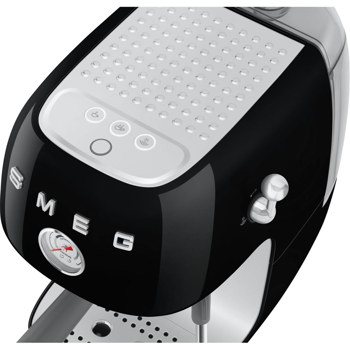 Una cafetera espresso SMEG negra y plateada. Tiene botones para diferentes funciones y un manómetro.