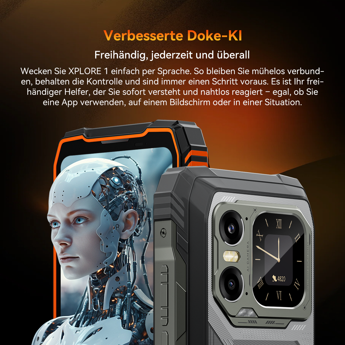 Ein futuristisches Bild mit einem Telefon, einem Robotergesicht und Text über freihändige KI-Unterstützung.