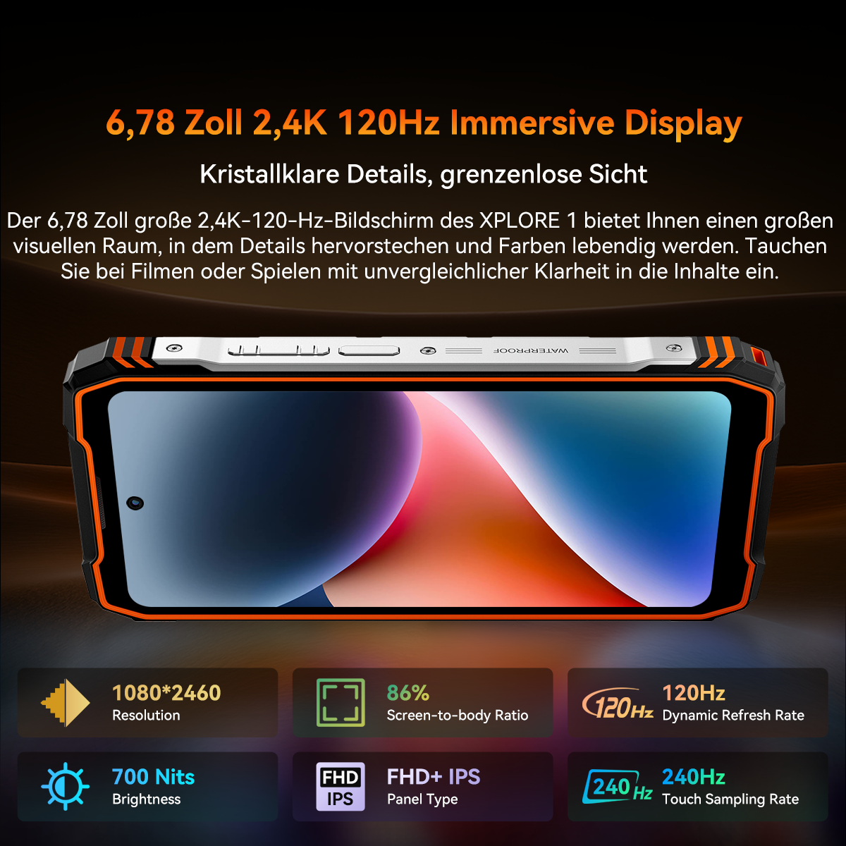 Robustes Smartphone mit großem Display, das Spezifikationen wie Auflösung, Bildwiederholfrequenz und Helligkeit anzeigt. Der Bildschirm zeigt ein farbenfrohes abstraktes Bild.